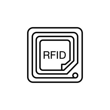 Minimalist isometric line art icon of an RFID security scanning tag. Clean outline symbol for wireless asset tracking, smart labels, and warehouse security.