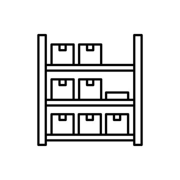 Clean isometric outline icon of product storage racks inside a shelf frame. Minimalist line art symbol for automated logistics and industrial fulfillment hub.