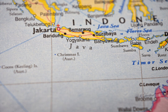 Java Island (Indonesia) on World Map &ndash; Selective Focus with Sharp Foreground and Blurred Background