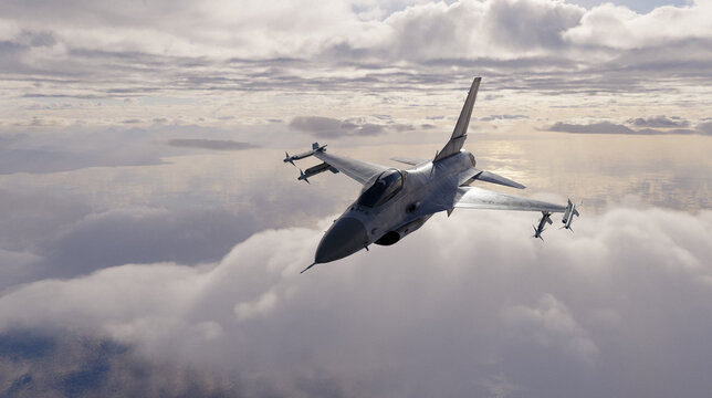 Fighter Jet Over Clouds 3D Rendering &mdash; Modern Military Aircraft Flying Above Ocean at Dawn
