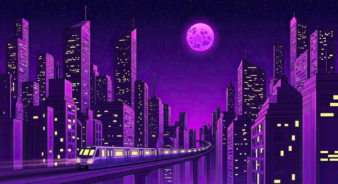 Futuristic purple synthwave city with monorail and moon.