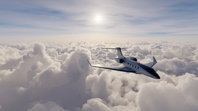 Private Jet Flying Above Clouds at Sunrise for Luxury Business Travel