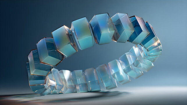 Futuristic half ring of frosted glass elements arranged in a circular structure on a reflective surface
