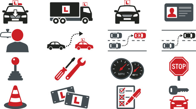 Driving school lesson icon set featuring learner driver cars truck l plates driver license traffic cone lane change maneuver and test checklist vector