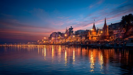 Obraz premium Illuminated Varanasi ghats reflected in Ganga river during Dev Deepawali festival at sunset