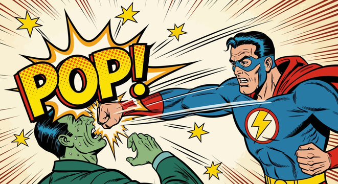 Superhero Punching Villain in Comic Book Style