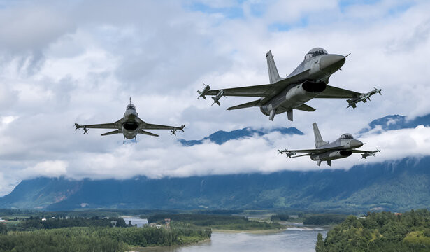 Three Fighter Jets Flying Over Mountain Valley &mdash; Military Aircraft Formation in British Columbia, Canada (3D Rendering)