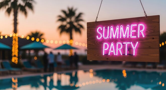 Summer party with neon sign by pool refreshing summer drinks and outdoor lifestyle concept