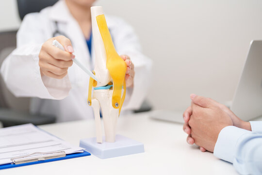 Doctor with Human Knee joint anatomy model. Osteoarthritis, Patellofemoral Pain Syndrome, Patellar Tendinitis, ACL, Anterior Cruciate Ligament, PCL, Posterior, MCL, Medial Collateral, LCL and Lateral