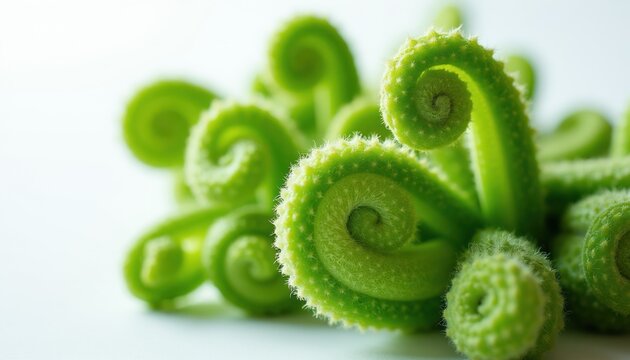 Green fiddleheads unfurl in coiled spirals against clean white background. These young fern fronds show delicate texture and vibrant color. They represent new life growth and organic forms in nature.