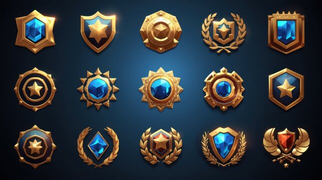 Set of golden game badges and shiny blue crystal shield icons for fantasy video game user interface design elements