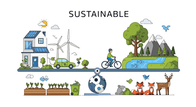 A sustainable scene depicting eco-friendly practices and nature