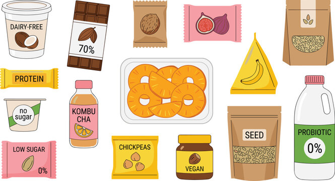 Flat organic food vector icon set with probiotic drink chickpeas seeds low sugar bars and dried banana snacks isolated on white background banner