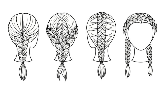 Various braided hairstyles for women in black and white line art