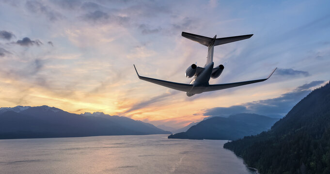 Private Jet Flying Over Mountain Lake At Sunset With 3D Rendering Background In BC, Canada