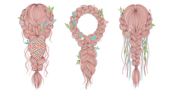 Pink braided hairstyles with floral and ribbon accents