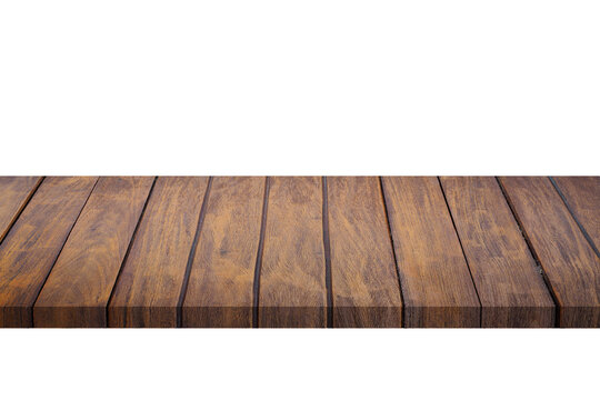 Empty wood table top isolated on white background for product display.