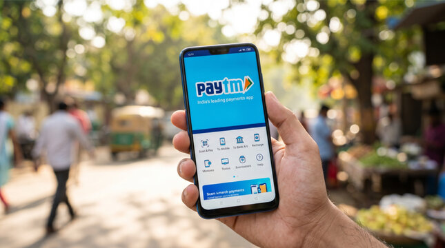 Person holding a smartphone with Paytm mobile payments app interface on the screen. Blurred busy Indian street background with auto rickshaw and pedestrians. Digital wallet and finance mockup.