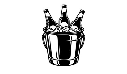 Vintage hand drawn sketch vector illustration of three glass beer bottles chilling inside a classic metal ice bucket with side handles. © MdIbrahimIslam