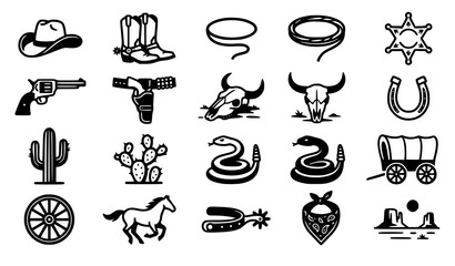 Wild west cowboy line icons set including hat boots lasso sheriff star gun skull horseshoe cactus wagon horse and spur elements. © MdIbrahimIslam