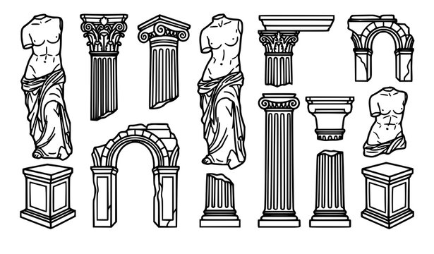 Ancient Greek and Roman architecture vector icons set featuring marble statues classic column pillars broken ruins stone arches and antique monuments.