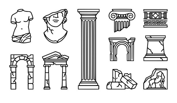 Ancient Roman and Greek architecture icons set including classic columns pillars arches broken statues stone ruins capitals and monuments.