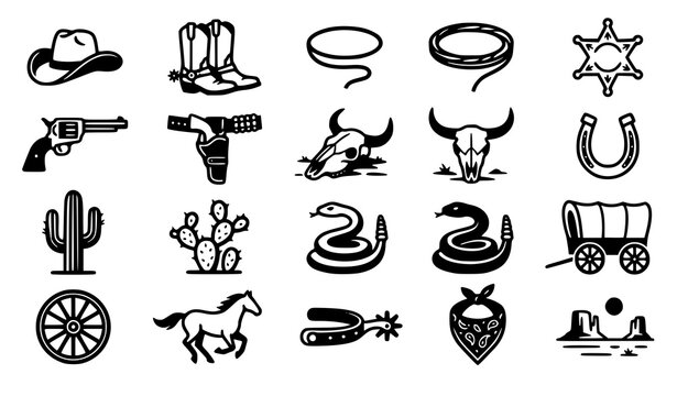 Wild west cowboy line icons set including hat boots lasso sheriff star gun skull horseshoe cactus wagon horse and spur elements.