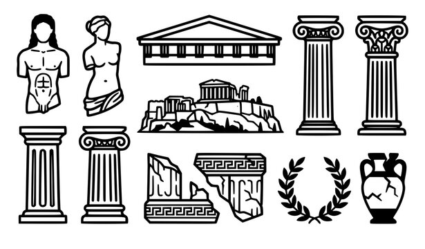 Ancient Greece line icons set including classic temple ruins columns pillars statues acropolis laurel wreath and broken amphora pottery elements.