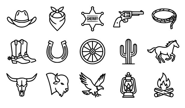 Wild west cowboy line icons set including hat bandana sheriff star gun lasso boots horseshoe cactus horse skull lantern and campfire elements.