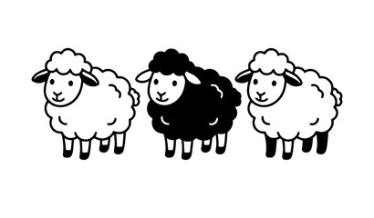 Cute cartoon vector line art illustration of a unique black sheep standing in a row between two white fluffy farm sheep.