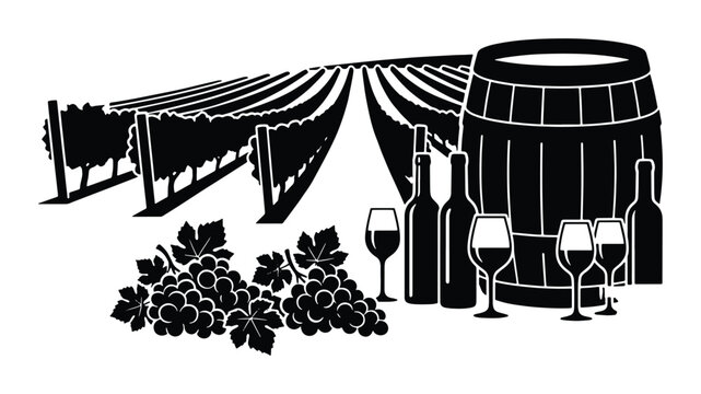 Vineyard Landscape, Wine Bottles, Grapes, and Barrel Vector Illustration for Winery and Beverage Design