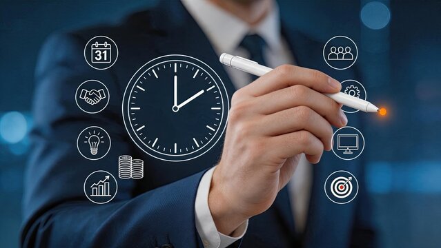 Business time management concept with clock and calendar icons, strategic planning, deadline schedule, productivity efficiency, team collaboration, goal target, handshake deal,