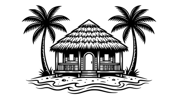 Vintage hand drawn sketch vector illustration of a tropical beach bungalow hut with a thatched roof symmetrically flanked by two palm trees.
