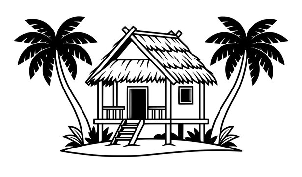 Vintage hand drawn sketch vector illustration of a tropical bungalow stilt hut on a small island flanked by two palm trees.