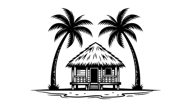 Vintage hand drawn sketch vector illustration of a tropical bungalow stilt hut on a beach island symmetrically flanked by two palm trees.
