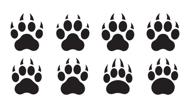Clawed beast footprints vector set predator paw prints in various shapes for hunting and nature theme.