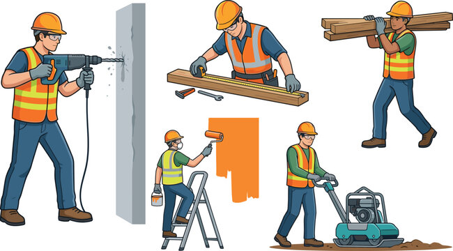 Construction worker vector set featuring builders drilling wall measuring timber painting walls carrying wood and operating soil compactor for industrial site website design