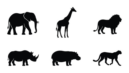 African Safari Wildlife Silhouettes: Elephant, Giraffe, Lion, Rhino, Hippo, Cheetah Vector Icons © Saimon