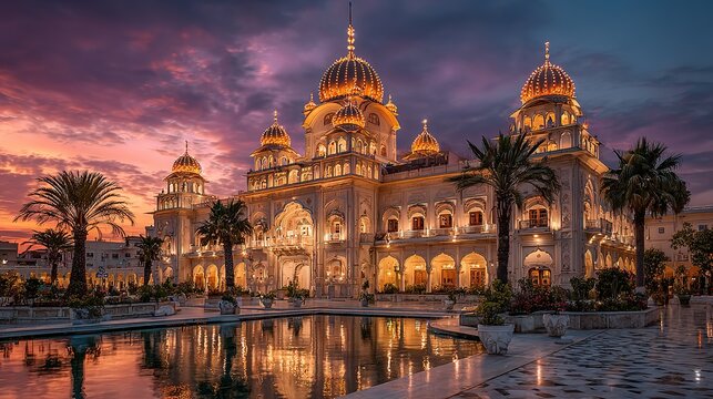 Sikh gurdwara with golden domes and ornate architecture, glowing under the sky.