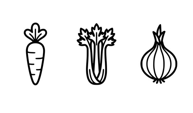 Minimalist vegetable line art icon set including carrot, celery, and onion outlines isolated on white background for healthy food recipe design.