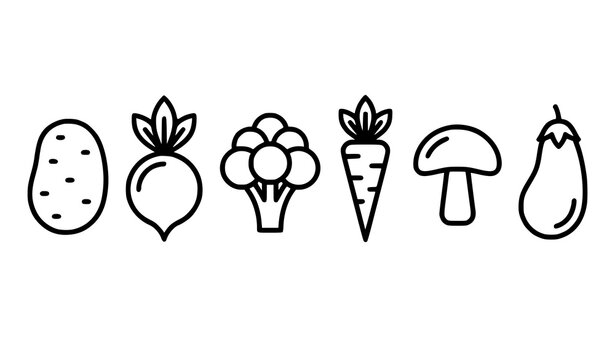 Fresh vegetable line icon set with potato, radish, broccoli, carrot, mushroom, and eggplant outlines isolated on white background for kitchen web design.