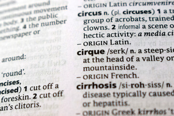 Fototapeta premium English Dictionary Page Close Up With The Word Transcription Of -cirque