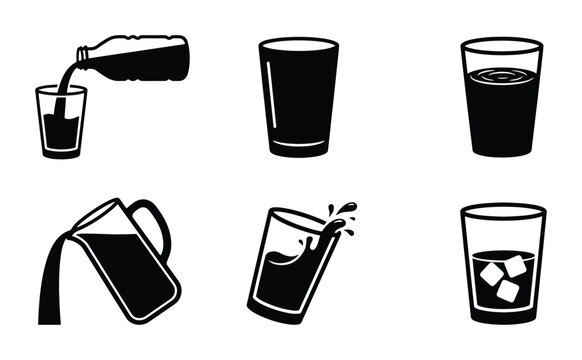Beverage Pouring Icons: Liquid Transfer, Refreshment, and Ice Cubes, Vector Set