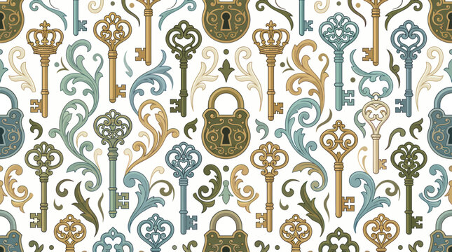 Vintage skeleton keys and ornate locks seamless pattern