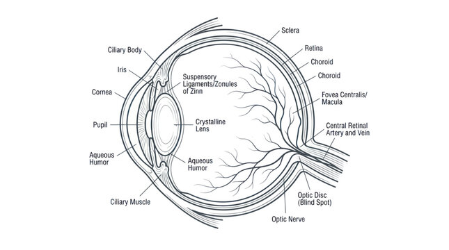 Human eye anatomy cross section diagram with detailed labels