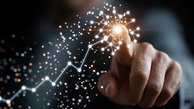 Digital Growth Touchpoint: A close-up of a finger touching a glowing point on a digital growth chart, symbolizing innovation, data analysis, and future success.