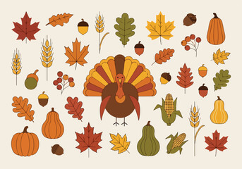 Colorful illustration of a turkey surrounded by fall elements © Juli