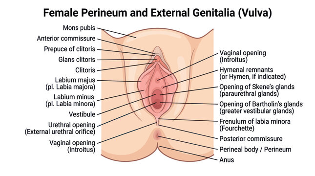 Anatomy of female perineum and external genitalia with labels