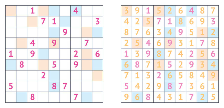 Sudoku puzzle grid with solution concept in neon pink and yellow  