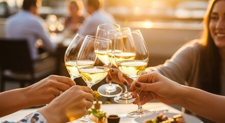 Fototapeta premium Celebratory summer drinks friends toasting with white wine at outdoor restaurant during golden hour